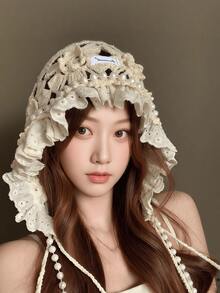 1顶日式甜美仿珍珠镂空花朵针织帽，夏季时尚手工钩编蕾丝流苏帽 - 彩色 - 查看 7