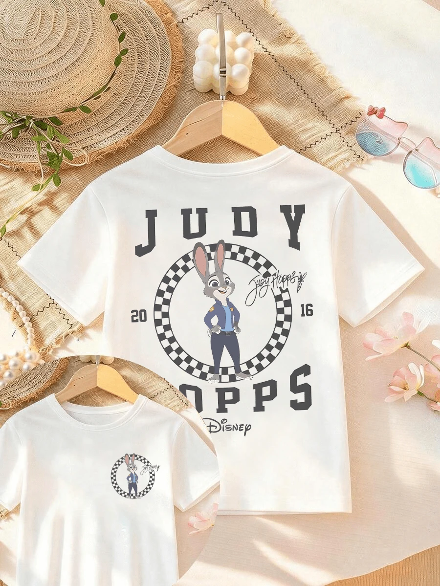 Disney Zootopia Printed Girls' T-Shirt - Children's Clothing Design Short Sleeve Casual Cute Style Comfortable And Loose, Suitable For Boys And Girls, Perfect For Parties And Play, Machine Washable, Gift Packaging, Girls' Short Sleeve Shirt - 白色 - 查看 1