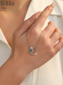 1件优雅半圆形羽毛项链，情人节礼物 - 马眼形切割绿色翡翠宝石和钻石叠层浪漫珠宝 - 彩色 - 查看 3