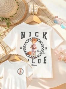 Disney Zootopia Nick Wilde Double-Sided Letter Print Girls' T-Shirt - Children's Clothing Design Short-Sleeve Casual Cute Style Comfortable And Relaxed Suitable For Boys And Girls, Perfect For Parties And Play Machine Washable Gift Children's Clothing Girls' Short-Sleeve Shirt - trắng - Xem 1