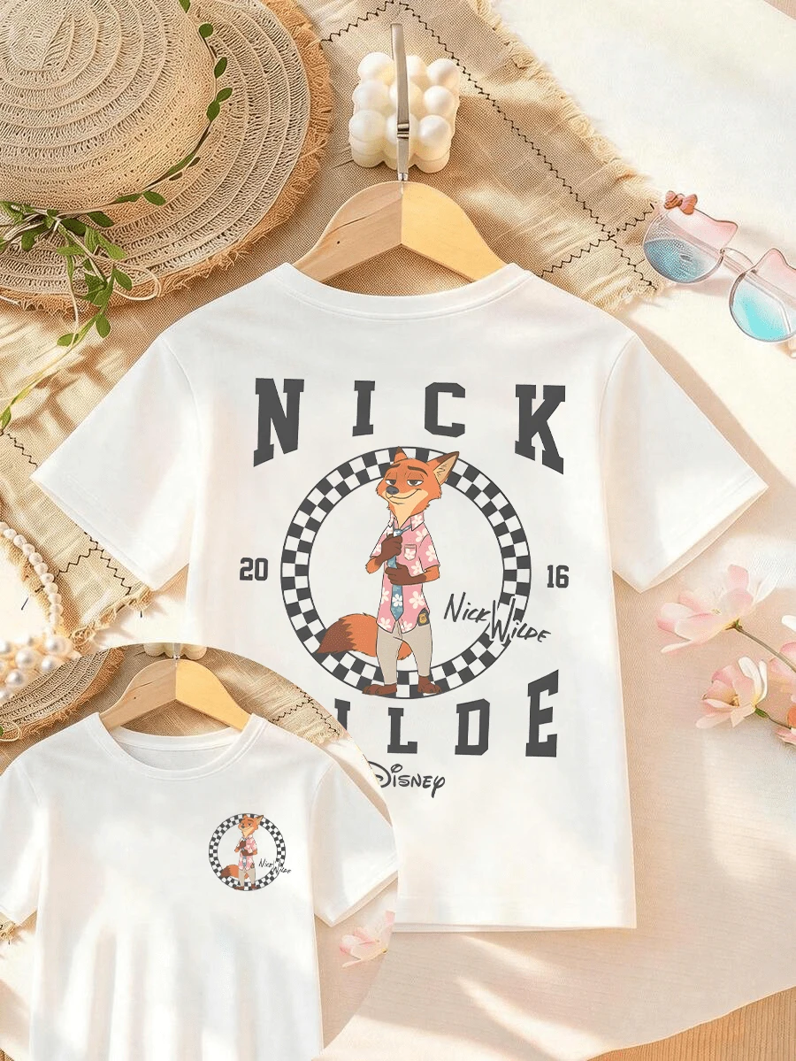 Disney Zootopia Nick Wilde Double-Sided Letter Print Girls' T-Shirt - Children's Clothing Design Short-Sleeve Casual Cute Style Comfortable And Relaxed Suitable For Boys And Girls, Perfect For Parties And Play Machine Washable Gift Children's Clothing Girls' Short-Sleeve Shirt - trắng - Xem 1