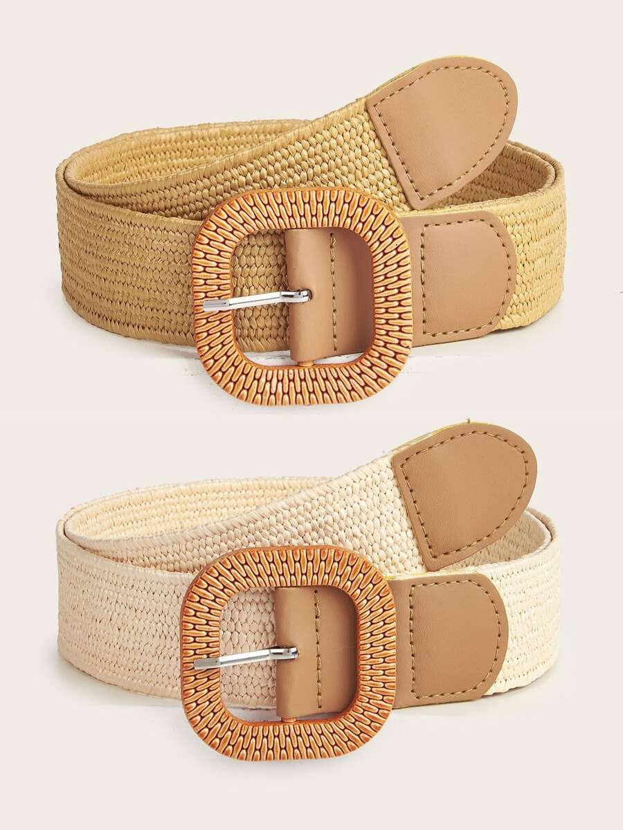 2 chiếc thắt lưng nữ kiểu Bohemian bằng rơm PP với khóa tròn - Nhiều màu - Xem 1