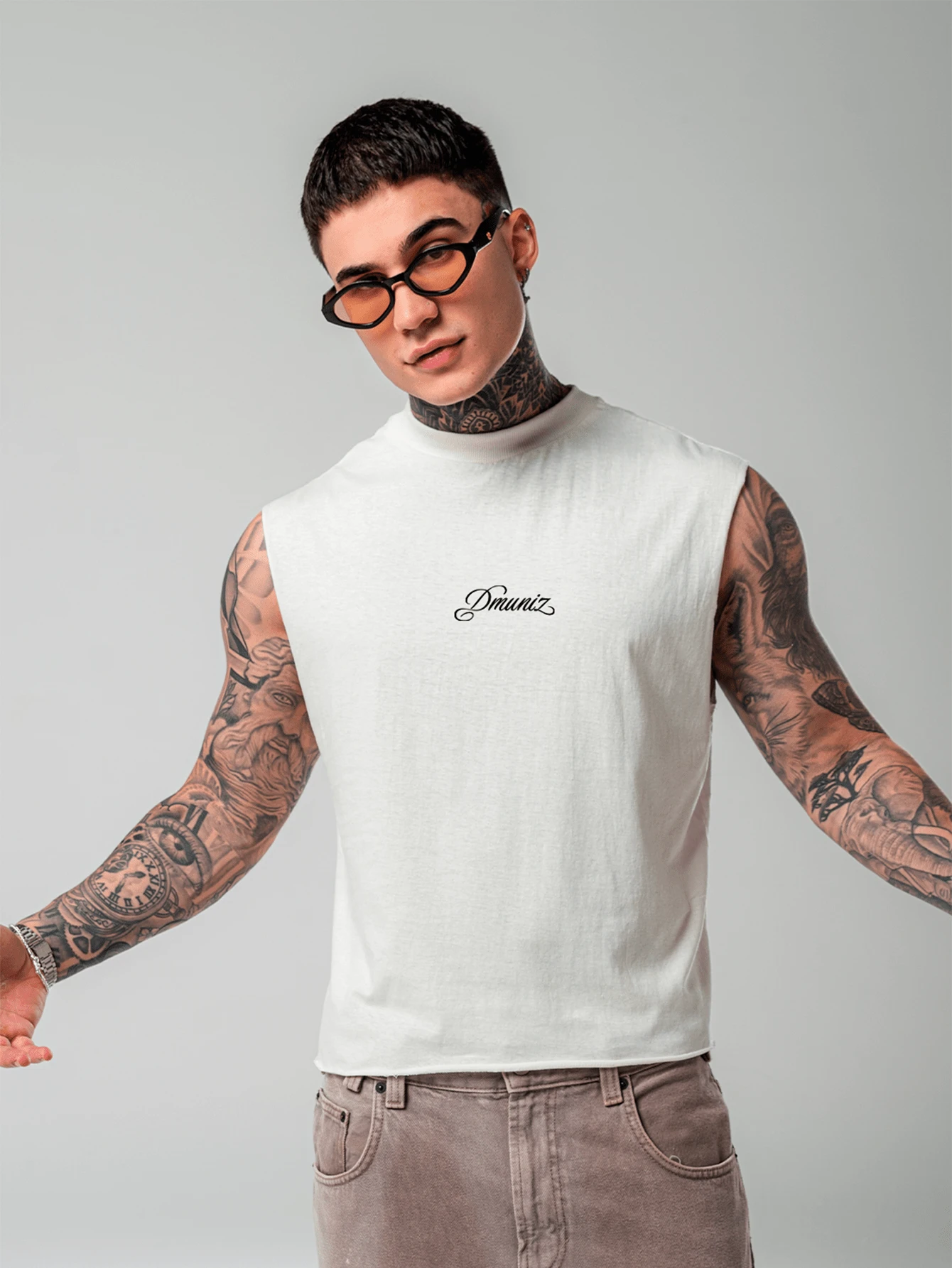 Men's Boxy Tank Top DMUNIZ Casual 100% Cotton Summer New Release Workout Gym - Cream - View 1