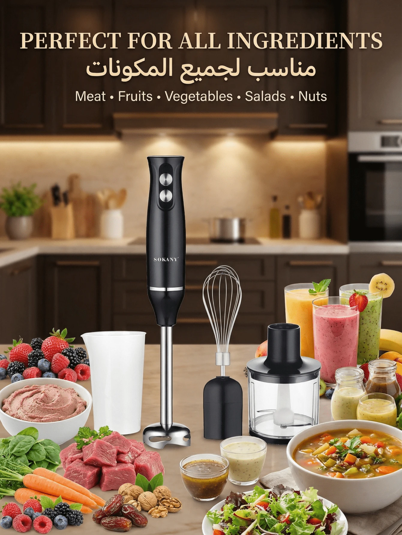 SOKANY 4-In-1 500W Hand Blender Set, Includes Blending Wand, Whisk, Chopper And Measuring Cup, Speed Adjustable For Food Processing And Baby Food Preparation - EU C Type Plug(220-240V) - View 1