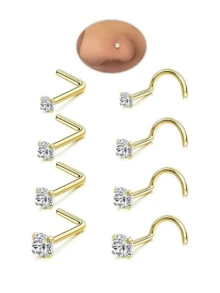 4 对套装，1.5-3 毫米白色 AAA 级立方氧化锆鼻钉，骨形、L 形、螺旋形鼻环，男女通用，简约鼻部穿孔饰品。 - 金色 - 查看 13