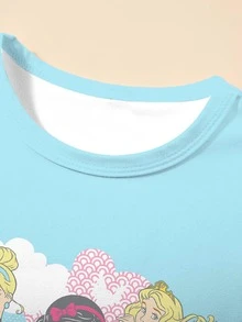 Disney 女童公主图案套装，圆领短袖长裤，易于穿着，松紧腰带舒适，可爱公主设计，波点裤活泼时尚，适合居家休闲穿着，适合4-7岁女孩。 - 淺藍色 - 查看 10