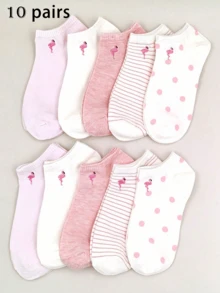 1/5/10/20/30 Pairs (Randomly Shipped) Women's Multi-Color Embroidered Flamingo Casual Short Socks Suitable For Daily Wear And Outfits - Multicolor - View 12