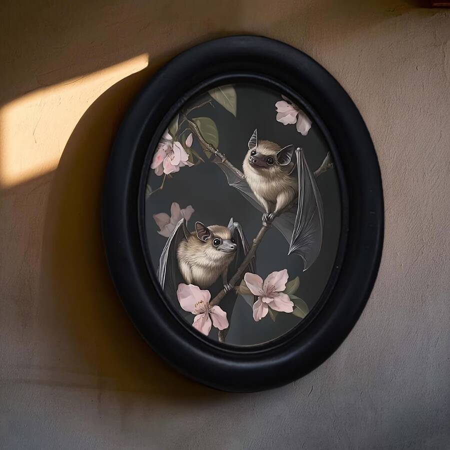 Gothic Style Oval Photo Frame, Featuring Two Bats And Peach Tree Design - Handwoven Fiberboard Wall Art, Size 4.16X5.25 Inches, Perfect For Home And Office Decor