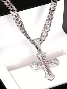 Men's Hip Hop Rhinestone Cuban Link Chain Necklace, Hip Hop Style Rhinestone Cross Pendant Necklace, Men's Jewelry - Fashionable Diamond-encrusted Cross Pendant - View 3