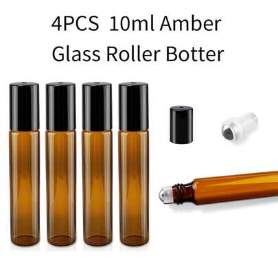 FIGHTYU 4pcs/8pcs Amber Glass Roll-On Bottles, 0.34oz Each, Designed For Essential Oil Samples, With Stainless Steel Rollers And Black Caps, Ideal For Traveling With Perfumes And Cosmetics