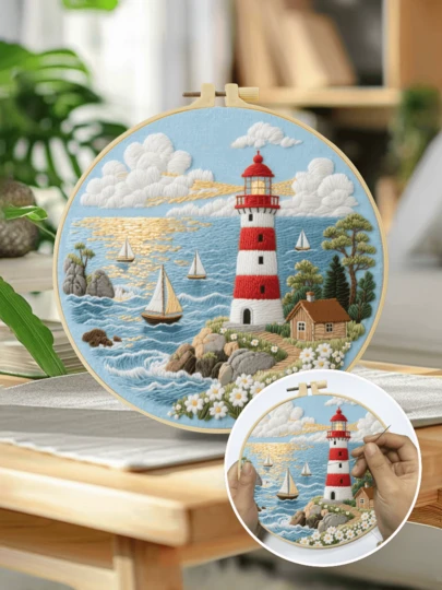 1 Embroidery Kit, Size 15*15cm/5.9*5.9in-20*20cm/7.9*7.9in, Featuring A Seaside Lighthouse Theme, This DIY Embroidery Kit Includes An Embroidery Hoop, Suitable For Adults And Beginners. Contains Instructions, Printed Fabric, Embroidery Hoop, Needle And Thread. Perfect For Home Decor Or As A Gift For Family And Friends.