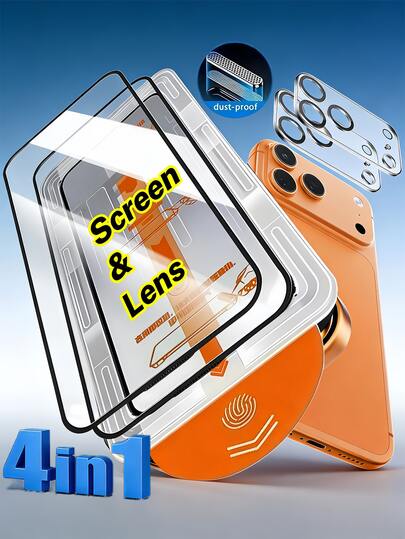 四合一两片装高清钢化玻璃膜，防尘安装，适用于 17/16/15/14/13/12/11，9H高韧性，一贴一撕，安装简便，瞬间精准贴合，无气泡或白边；超清正面显示屏，触感顺滑，防刮花，防尘，防水，另附两片摄像头镜头保护膜，安装简便。