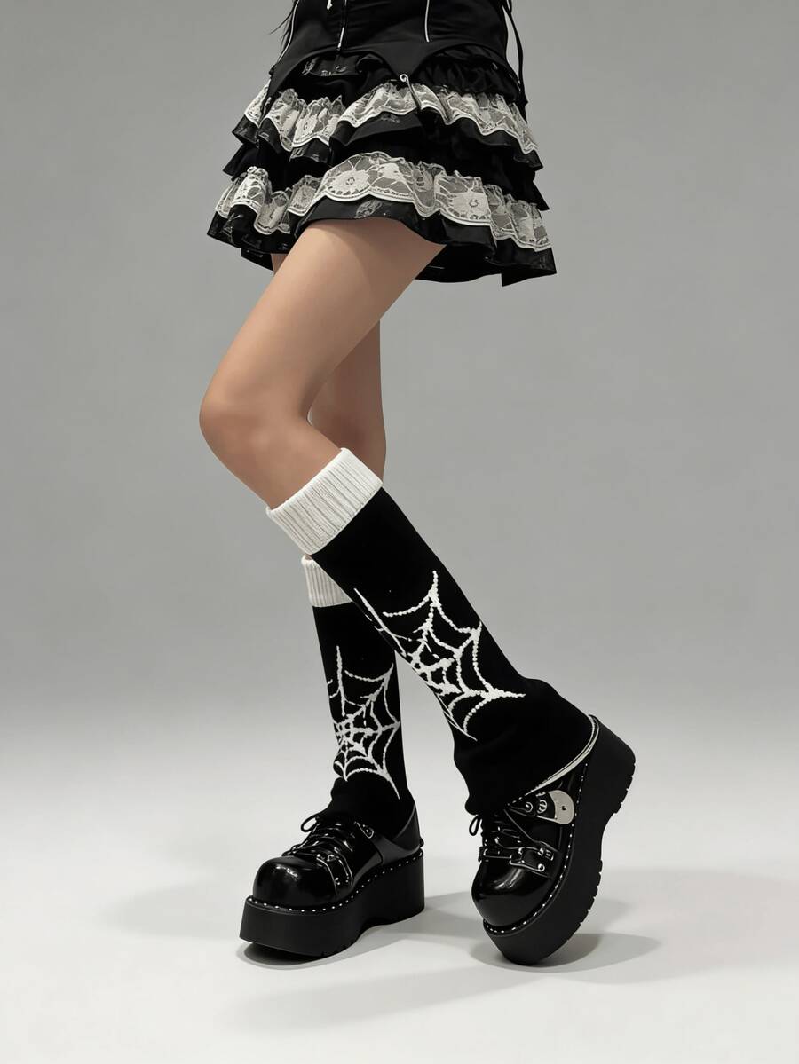 1 双 Y2K 亚文化蜘蛛网针织喇叭形腿套，适合所有季节 - 彩色 - 查看 1