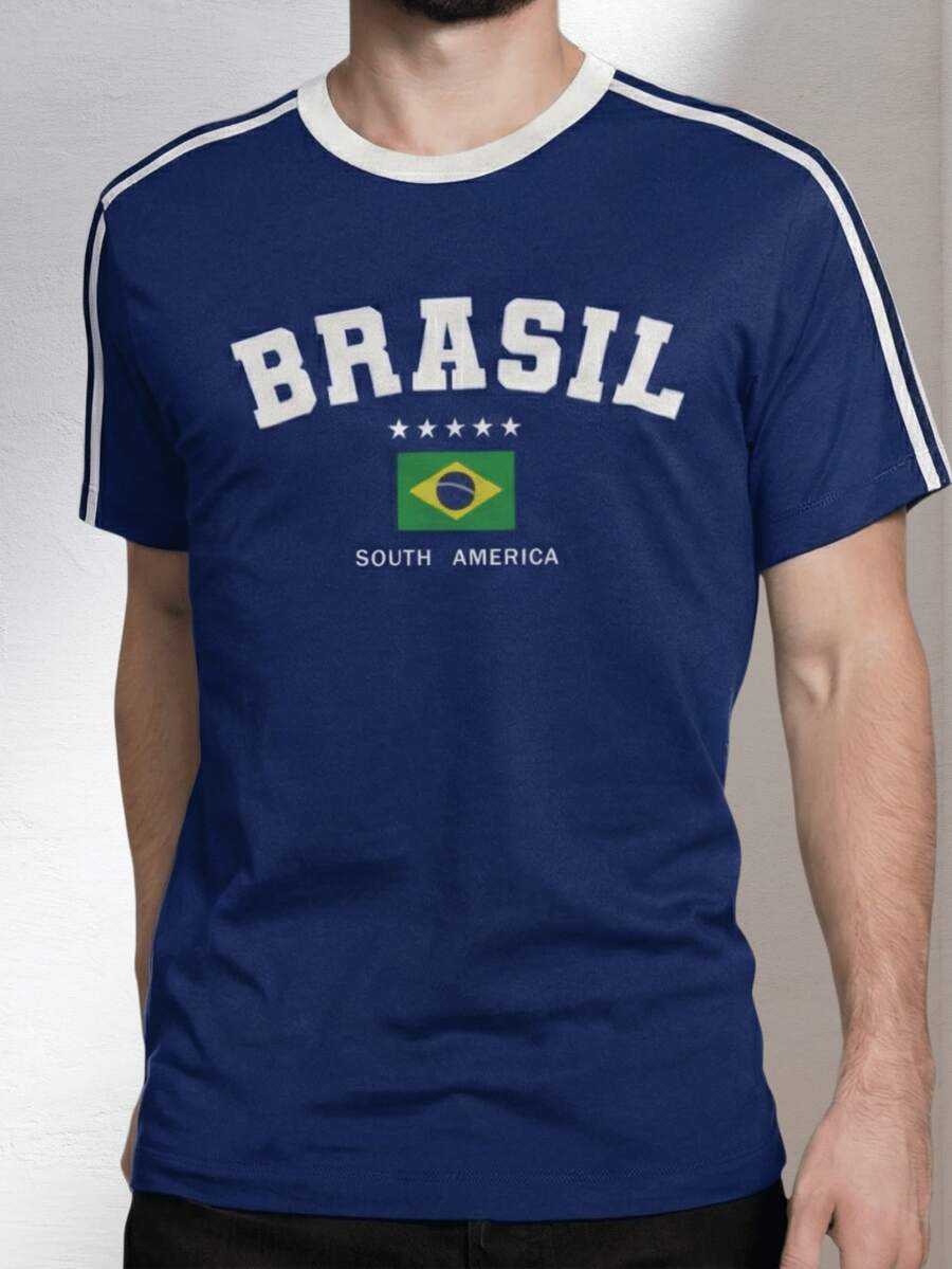 Men's Brazil World Cup Soccer T-Shirt, 100% Cotton - 藏蓝色 - 查看 1