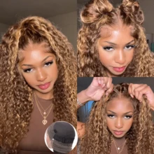 ZHENDEFA 360°水波纹蕾丝前假发，200%密度，蜜糖金渐变色，4/27挑染，预先修剪的发际线，湿润波浪卷发，可调节隐形夹，女士款 - S4/27 - 查看 2