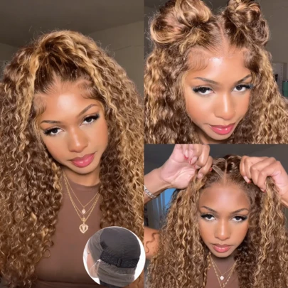 ZHENDEFA 360 Water Wave Lace Front Wig, 200% Density, Honey Blonde Ombre, 4/27 Highlights, Pre-Plucked Hairline, Wet Wavy Curls, Adjustable Invisible Clips For Women