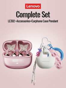 Bộ tai nghe Bluetooth thời trang Lenovo LE302, kèm phụ kiện nơ cài tóc và hộp bảo vệ, tai nghe nhét tai với âm thanh vòm, chất lượng âm thanh cao, độ trễ thấp, thích hợp cho nghe nhạc, chơi game, khử tiếng ồn ENC, đeo thoải mái, không cần xỏ lỗ tai, phụ kiện bông tai sành điệu, quà tặng cho nữ. - Hộp đựng bảo vệ màu hồng cho tai nghe, bông tai và mặt dây chuyền. - Xem 14