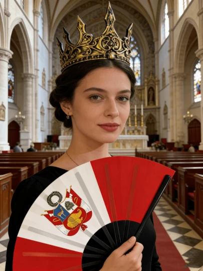 Conjunto de disfraz de Reina de la Fiesta - Corona vintage dorada desgastada + Abanico de mano con bandera nacional, para actuación en el escenario, cosplay, utilería fotográfica