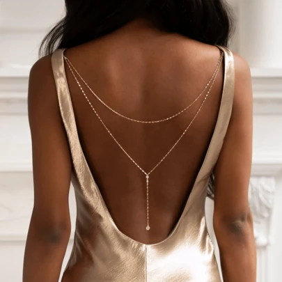 1pc Elegant Sexy Rhinestone Inlaid Alloy Extra Long Y-Shaped Backless Necklace, Suitable For Women In Any Occasion