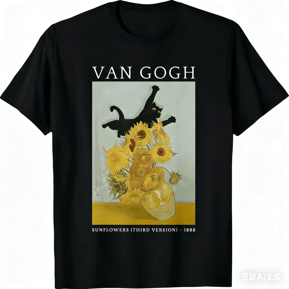 Sunflowers & Cat Meme Art Graphic T-Shirt - Black Retro Design, Comfortable Round Neck Short Sleeve Tee For Casual Wear, 100% Cotton, Casual Wear Tee Retro Graphic
