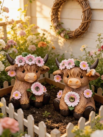 Sunflower Highland Bull Figurine, Cute Spring Highland Bull Statue, Farmhouse-Style Desktop Decoration, Resin Gnome, Scottish Style, Suitable For Home, Garden, Kitchen, And Office.