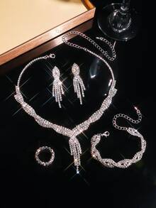 5pcs Women's Jewelry Set - Elegant Crystal & Rhinestone Jewelry Set, Suitable For Commuting, Campus Dating, Daily Outings, Weddings And Festivals - Precious Gold - View 6