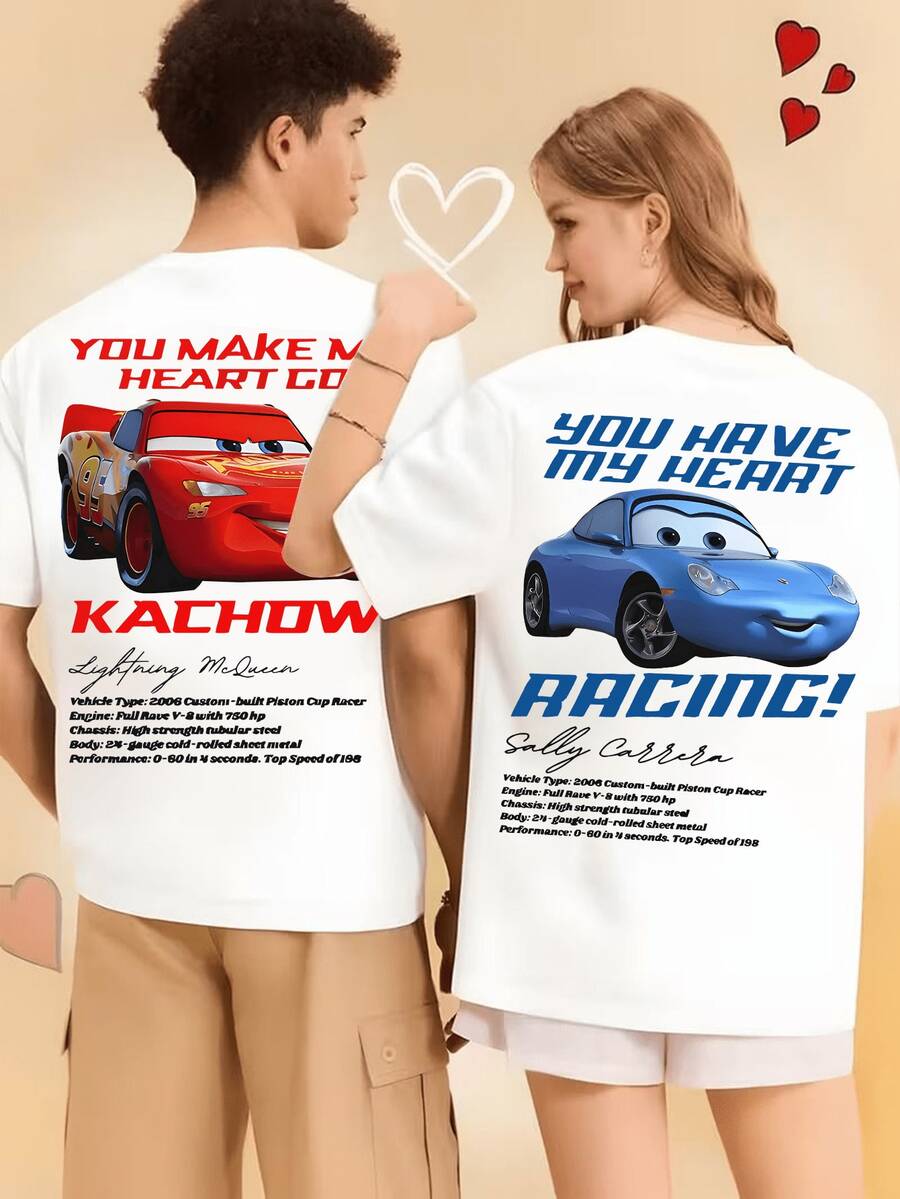 Disney Cars Movie Lightning McQueen Matching T-Shirts Suitable For - "You Make My Heart Go Kachow" & "You Have My Heart" Racing Car Design, Unisex Summer Tees (Sold Separately) -  Gift For &, Themed Outfits - Áo thun nam - Xem 1