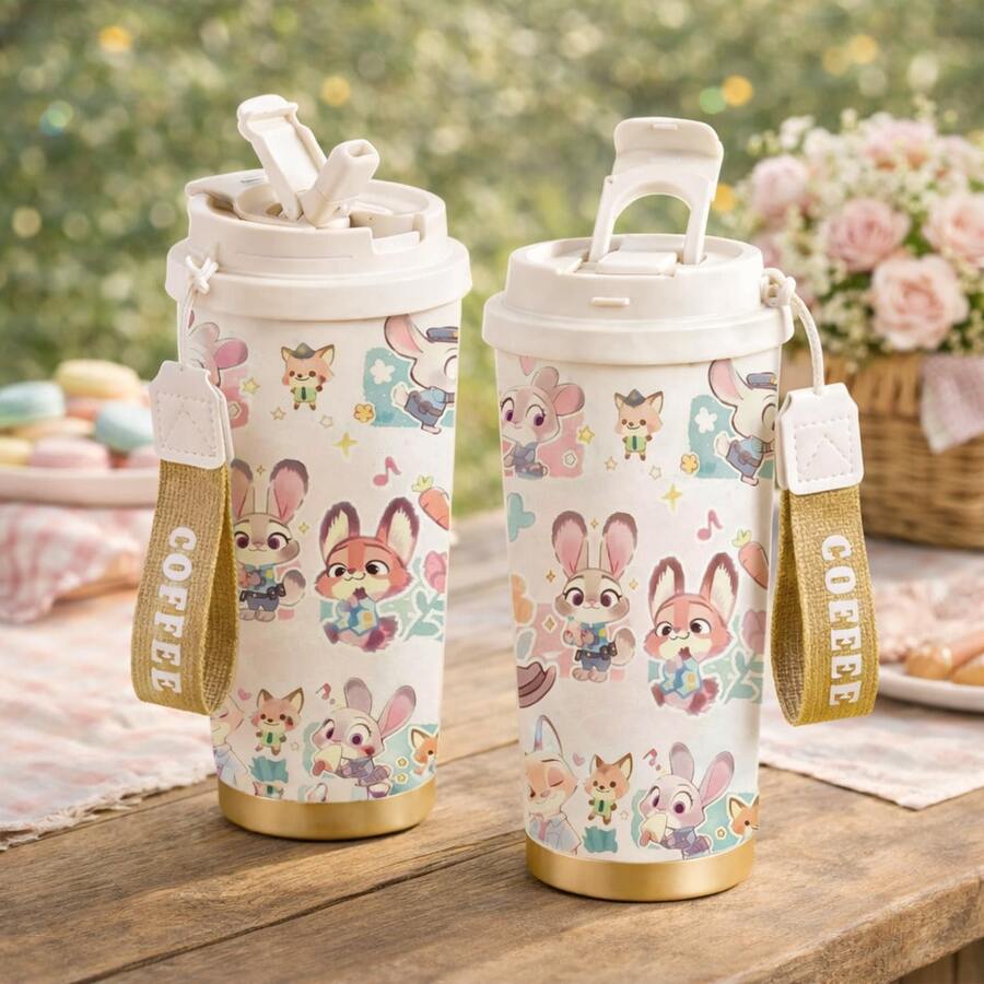 mikenda 1pc 18oz Cute Cartoon Rabbit & Fox Print Stainless Steel Tumbler With Flip Lid & Carry Strap, Vacuum Insulated Travel Coffee Cup, Thermal Water Bottle Keep Hot 12H Cold 24H, Aesthetic Gift For Girls & Women