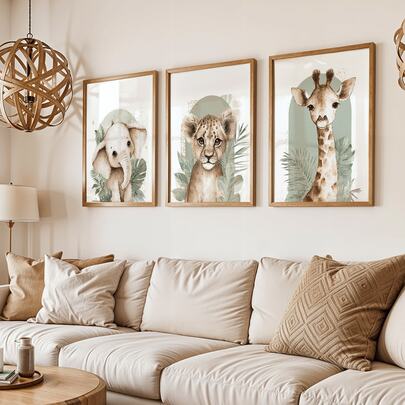 3pcs/Set Vintage Poster Art Prints, Including Elephants, Lions, And Giraffes | Twilight Green Jungle Canvas Painting, Suitable For Living Room Deccor,Home Deccor,Room Decor,Wall Decor,Bedroom Decor, Ideal For Gift Giving And Housewarming