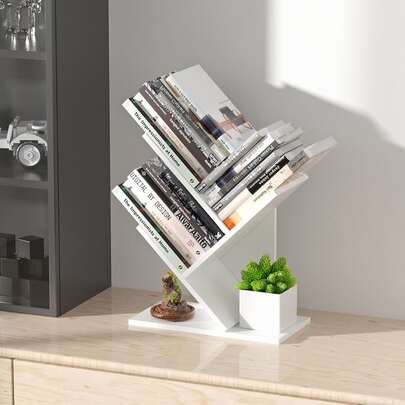 3-Tier Small Tree Bookshelf Storage Rack, Floor-Standing Bookcase For Home Office Living Room Bedroom, Display Books Magazines CDs Comics, Warm White Office Desk Accesorries Desk Accesorries Office Supplies Office Decor