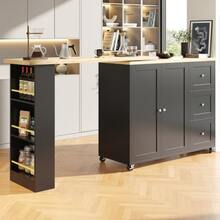 Tavolo da bar girevole a 360° (135-203 x 39 x 106 cm), con ruote, nero, dotato di tre cassetti. Include un ripiano per snack. Isola portaoggetti multifunzionale, ideale per cucina e soggiorno. - nero - Visualizzare 3