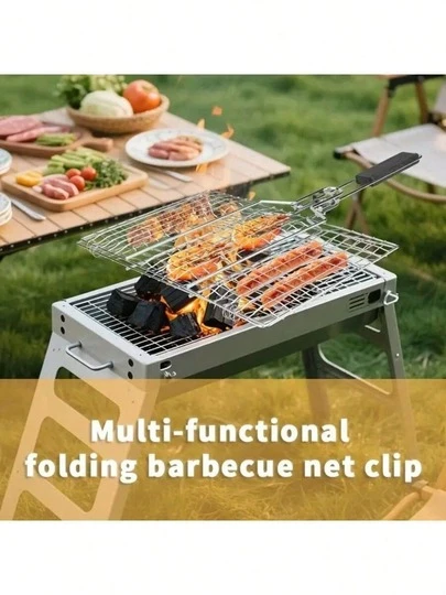 1件套不锈钢烧烤架，方形折叠式烧烤架，多功能烧烤钳，耐高温烤架，易握木柄，户外烧烤野餐配件，受热均匀，易于清洁，轻便易携，适合户外烧烤、家庭聚会、露营。