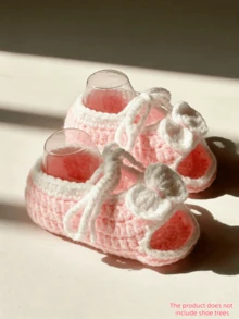 1 Pair Infant Crochet Booties, Pink And White Bow Design, Infant Girl Sandals - Pink - View 9