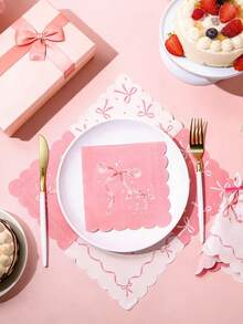 20pcs/40pcs Pink Bow Baby Shower Napkins, Disposable Party Napkins, Scalloped Edge Party Napkins, Pastel Baby Shower Tableware, Bow Print Disposable Napkins - Multicolor - View 2
