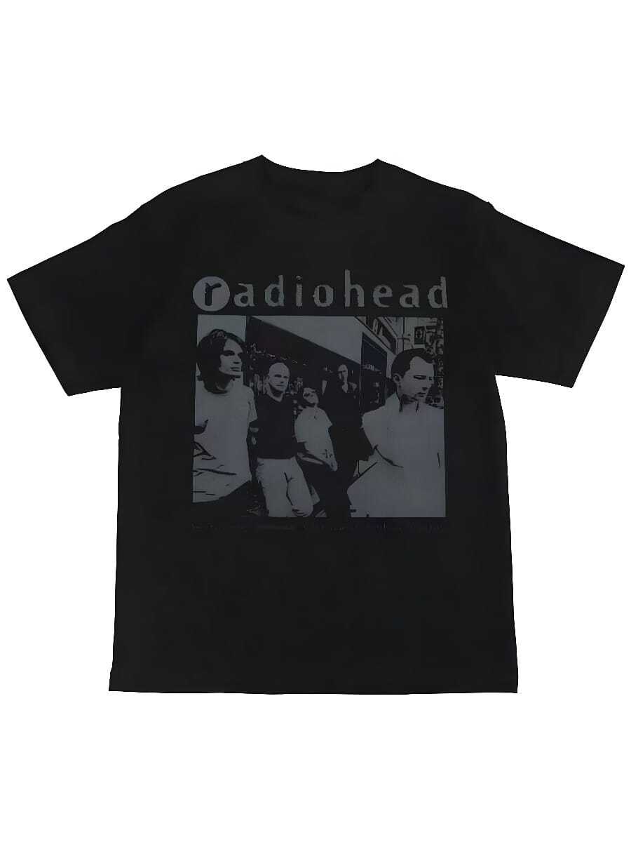 RadioheadS Rock Band Digital Print American Street Hip Hop Retro Black Short Sleeved T-ShirtStyle Tee T-Shirt TRENDSSy For Men Tops.... Graphic Tees Women - 黑色 - 查看 1