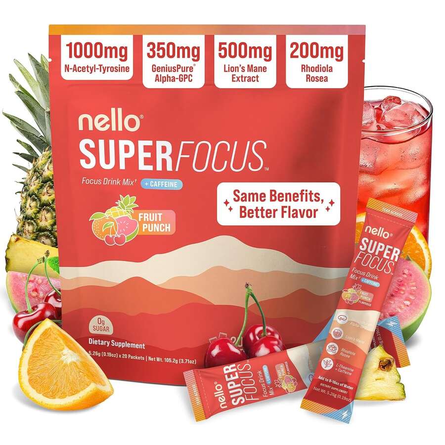 [Free Shipping]Nello Superfocus – Nootropic Focus Drink Mix For Productivity, Caffeine, L-Theanine, Rhodiola Rosea, Alpha-GPC, Lion's Mane, Tyrosine, Sugar-Free Packets - With Caffeine (Pack Of 20) (20 Servings (Caffeine), Fruit Punch) - Nước ép trái cây - Xem 1