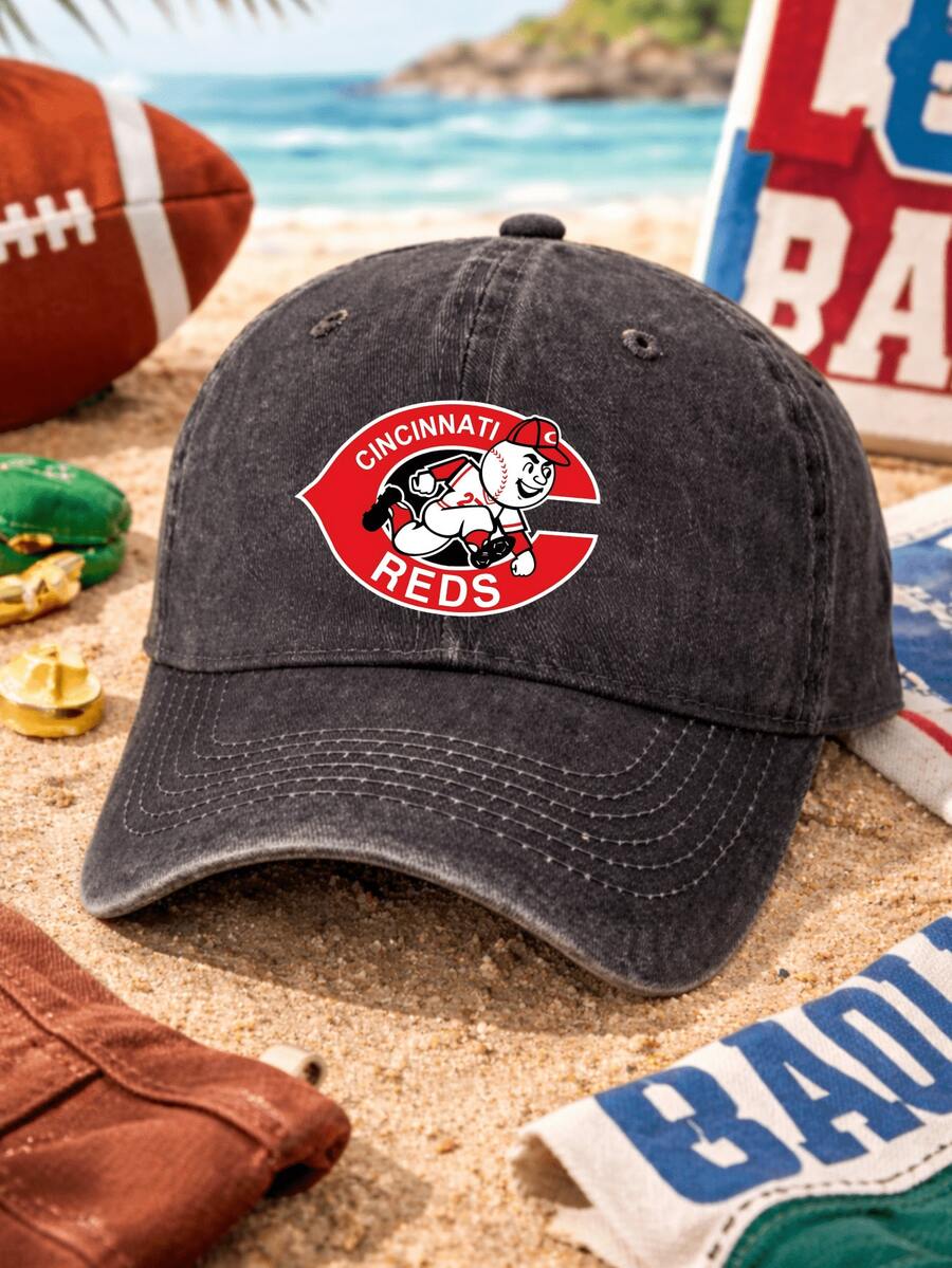 Washed Denim Baseball Cap Unisex Casual Daily Wear Sport Style Adjustable Fit Vintage Look Cincinnati Reds Logo Embroidered Design Classic Team Spirit Graphic Print Perfect For Beach Outings Outdoor Activities Travel And Everyday Use Comfortable Breathable Fabric With Distressed Finish For A Retro Cool Appearance - 黑色 - 查看 1