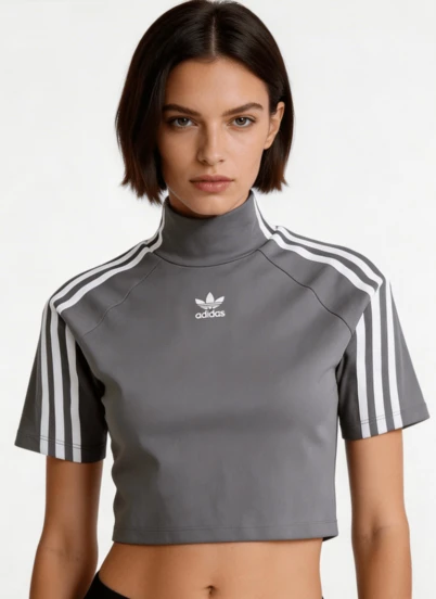  adidas originals ILENIUM 三葉草條紋槓Logo刺繡緊身半高領截短緊身短袖插肩袖T卹女款深灰