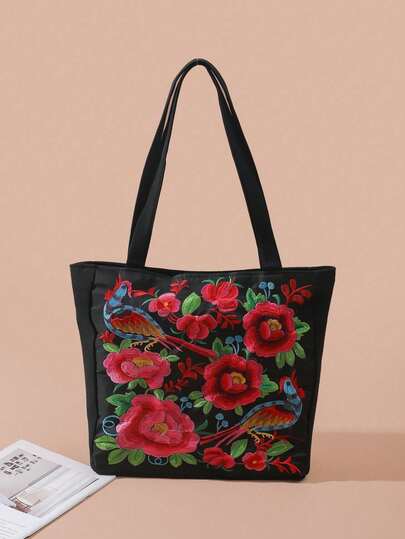 1PC Floral And Bird Embroidered Tote Bag, Shopping Bag, Shoulder Bag, Large Capacity Travel Storage Shoulder Bag, Everyday Travel Storage Bag, Embroidered Bag