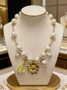 1pc Fashion Classic Pearl Beaded Exaggerated Necklace, Elegant Flower-Shaped Gold Stainless Steel Pendant, Hypoallergenic & Fade-Resistant, Suitable For High-End Occasions And Gift Giving - Stainless Steel Material + Pearl - View 1