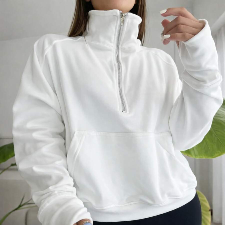 Women's Oversized High Neck Zipper Sweatshirt With Long Sleeves, Winter Casual Fashion - 白色 - 查看 1