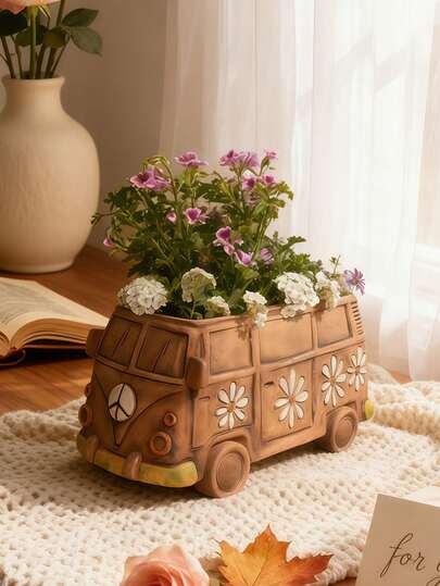 1pc Adorable Resin Bus Planter – Handcrafted Retro Van Flower Pot For Small Plants, Faux Flowers, Or Air Plants – Perfect For Boho Home Decor, Desk Organization, Or Bathroom Shelf Styling – Durable, Lightweight, And Easy To Clean – Ideal Gift For Plant Lovers, Gardeners, Or Anyone Who Loves Cute & Functional Home Accents To Brighten Their Day