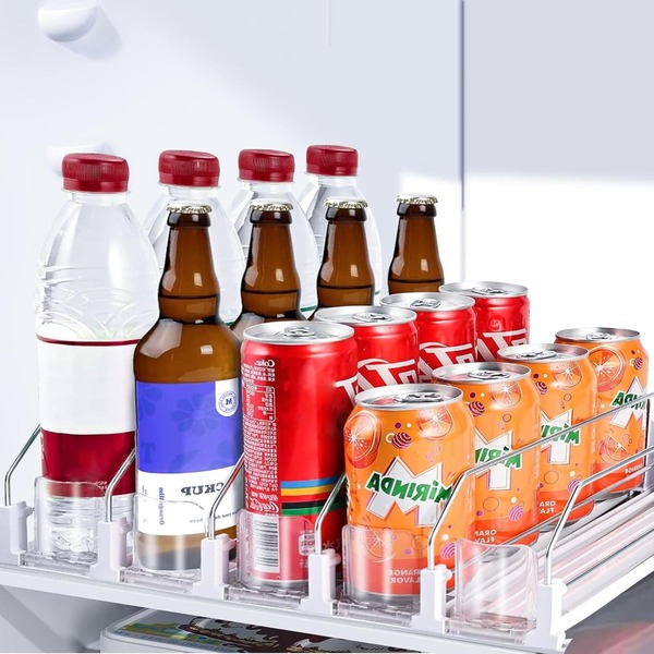Dispensador de latas de refresco, estante de almacenamiento de bebidas para refrigerador, almacenamiento y dispensador de latas de refresco para refrigerador con deslizadores de varilla de empuje automáticos, estante de bebidas enlatadas con partición transparente de ancho ajustable
