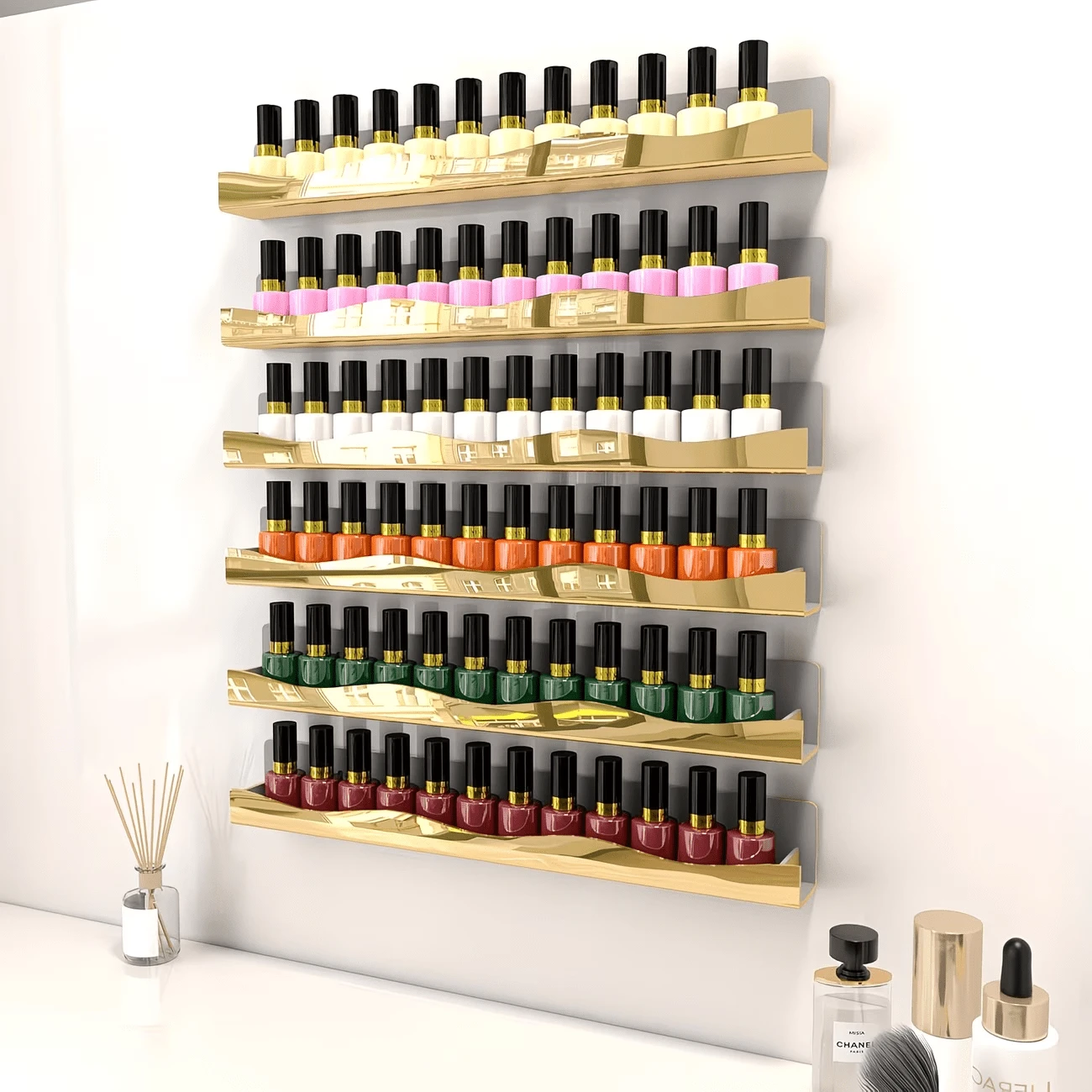 6 piezas Estante acrílico para esmalte de uñas - Soporte de exhibición montado en la pared de 15 pulgadas, adecuado para gafas de moda y aceites esenciales, estantería de almacenamiento expandible para el baño