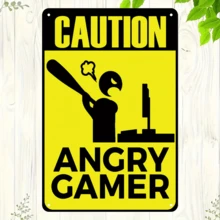 8" X 12" Vintage Metal "Angry Gamer" Warning Sign, Funny Game Room Plaque, Suitable For Boys' Game Room And Home Decor, Yellow Background Black Outline Design, Game Room Decoration - Multicolor - View 1