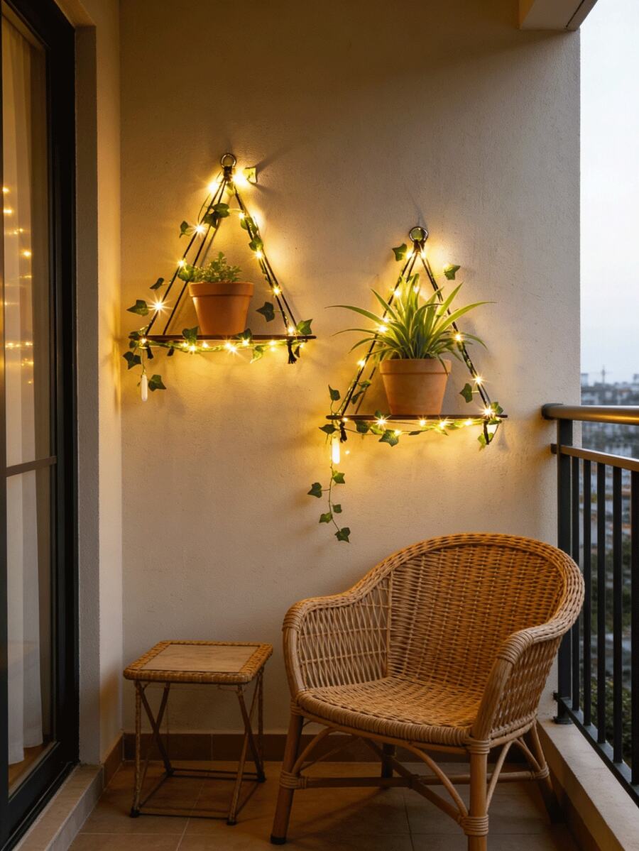 1pc/2pcs Green Leaf Fairy Light Decor Hanging Wall Rack, Bohemian Style Triangle Floating Display Shelf, Cozy Atmosphere Light String Wall Mount Storage Rack, Retro Countryside Plant Display Rack, Decoration For Living Room, Bedroom, Dorm, Balcony, Cafe (Batteries Not Included)
