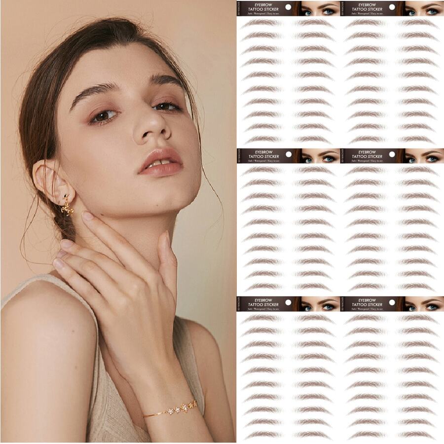 6 Sheets 60 Pairs Brown 4D Hair-Like Waterproof Eyebrow Tattoos Stickers Eyebrow Transfers Stickers Grooming Shaping Eyebrow Sticker For Women And Girls - Brown - View 1
