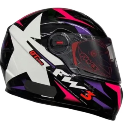 CAPACETE FW3 GTX STAR PRETO BRILHANTE LILAS E ROSA COM OCULOS FUME INTERNO