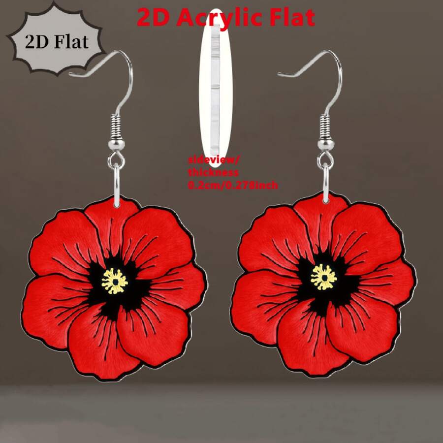 Red Poppy 2D Acrylic Earrings – Bold Floral Dangle Earrings For Women, Girls & Flower Enthusiasts, Perfect For Memorial Day & Everyday Wear - Multicolor - View 1