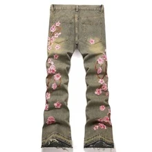 Purple 2025 New Arrival Mens Flared Jeans Street Fashion Heavy Embroidery Plum Blossom Non Stretch Y2k  Hot  In Stock - 卡其色 - 查看 3